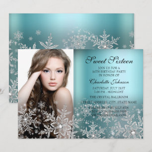 Silver Blue Sparkle Snowflake Photo Sweet 16 Invitation