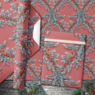 Silver Blue Spruce Red Berries Lattice Salmon Pink Wrapping Paper