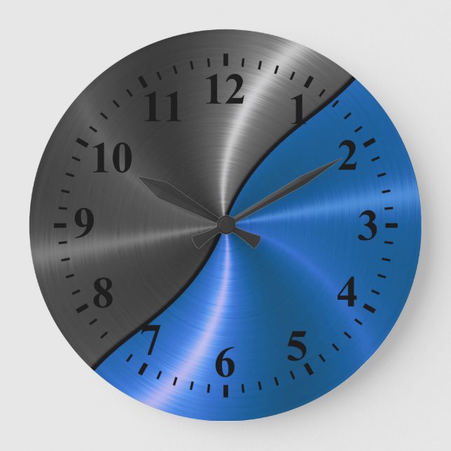 Silver Blue Stainless Steel Metal Look Large Clock (Front)