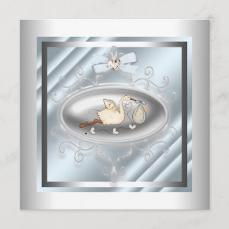 Silver Blue Stork Baby Boy Shower Invitation