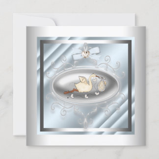 Silver Blue Stork Baby Boy Shower Invitation