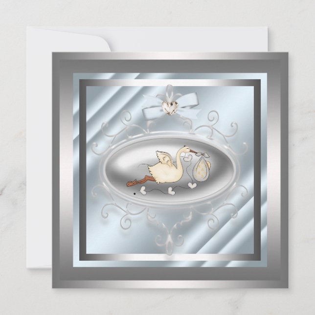 Silver Blue Stork Baby Boy Shower Invitations (Front)