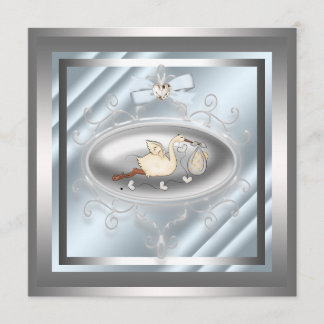 Silver Blue Stork Baby Boy Shower Invitations