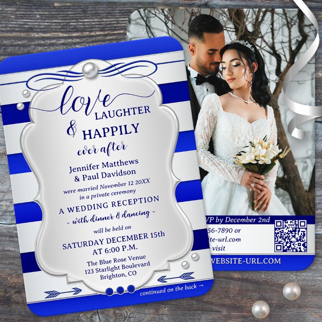 Silver Blue Striped Happily Ever After Wedding Invitation (Happily ever after wedding party invitation featuring a silver and navy blue stripe with photo + QR)