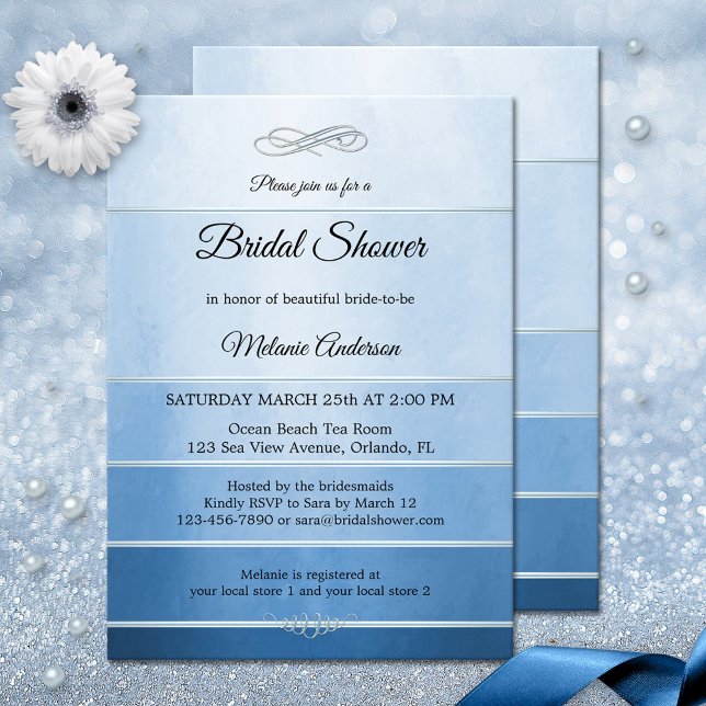 Silver Blue Striped Tone on Tone Bridal Shower Invitation (Bridal shower invitation featuring a blue striped tone on ton painted design with a silver lining)