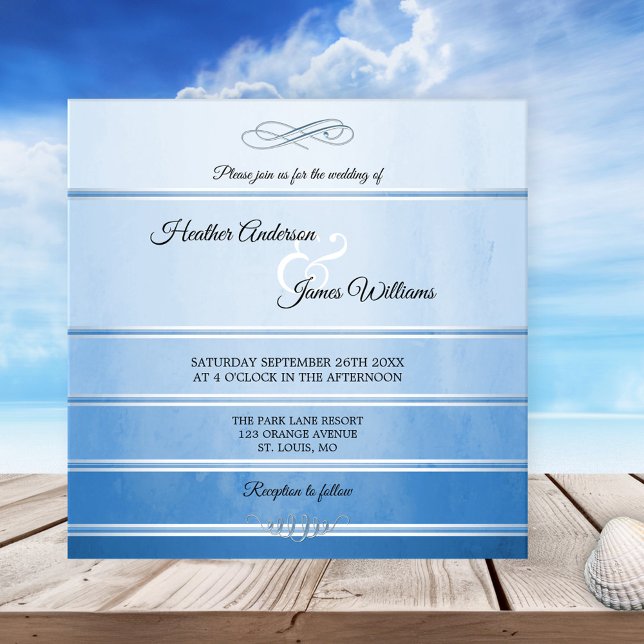 Silver Blue Striped Tonne sur Tonne Wedding Invita Invitation (Chic wedding invitation featuring a striped design with watercolor effects in tone on tone blue)