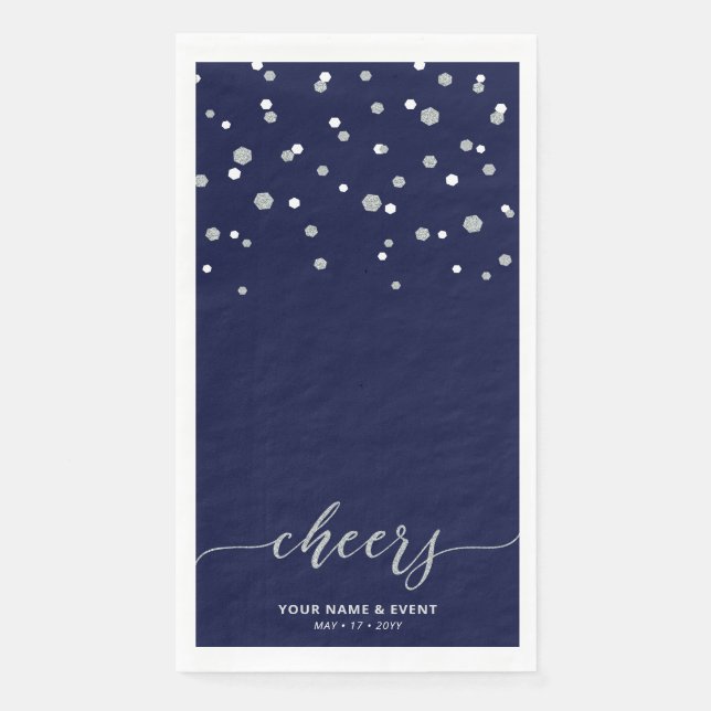 Silver Blue Stylish Script Confetti Cheers Party Napkin (Front)