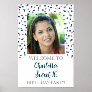 Silver Blue Sweet 16 Birthday Custom 12x18 Photo Poster