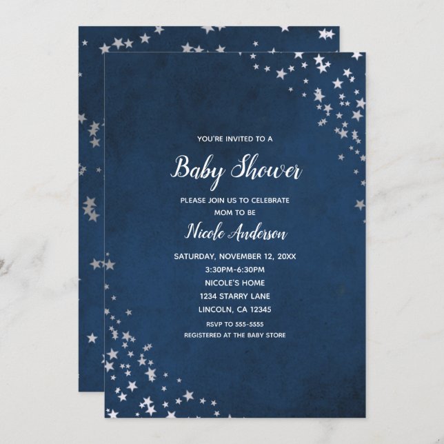 Silver & Blue Twinkle Stars Celestial Baby Shower Invitation (Front/Back)