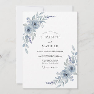 Silver Blue Watercolor Floral Wedding Invitation