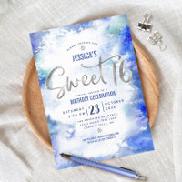 Silver Blue Watercolor Sweet 16 Birthday Modern