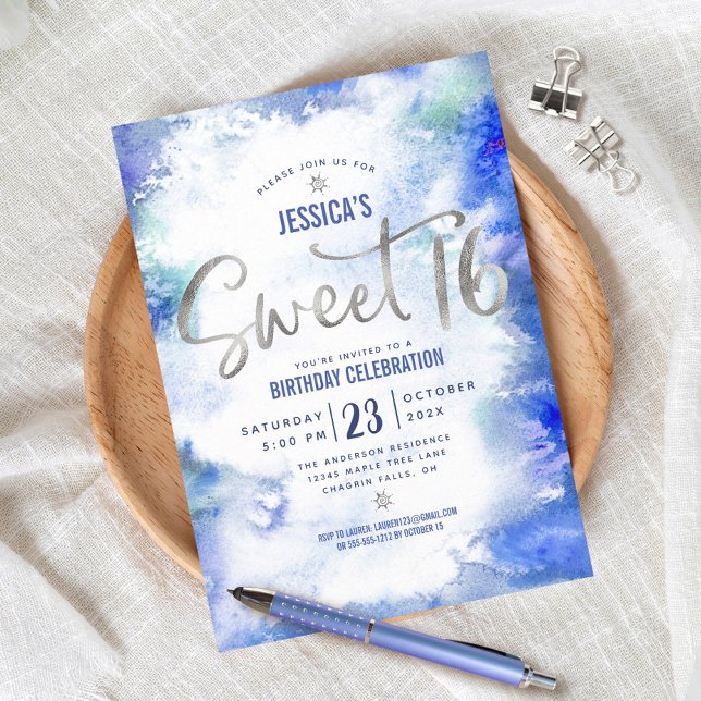 Silver Blue Watercolor Sweet 16 Birthday Modern Invitation (Creator Uploaded)