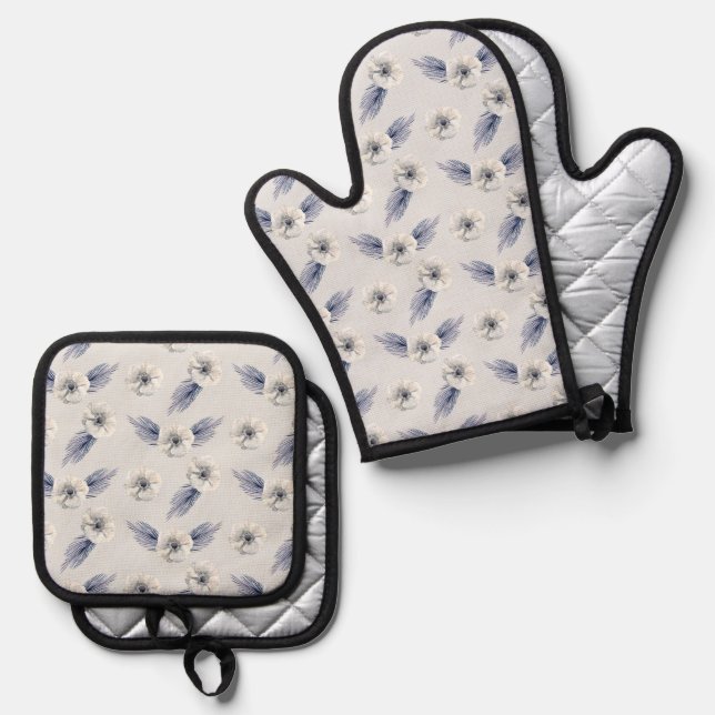 Silver Blue White Flowers & Evergreens Oven Mitt & Pot Holder Set (Front/Back)