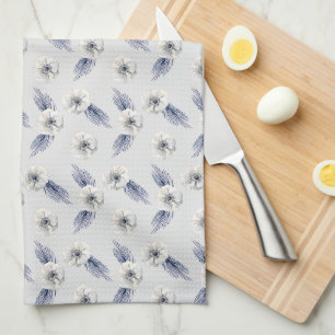 Silver Blue White Flowers & Evergreens Tea Towel