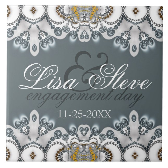 Silver Blue + White Lacy Engagement Keepsake Gift  Tile (Front)