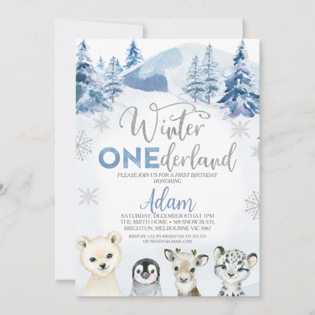 Silver Blue Winter Animals Onederland 1st Birthday Invitation (Front)