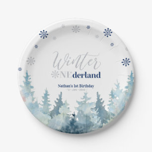 Silver & Blue Winter Onederland Snow 1st Birthday Paper Plate