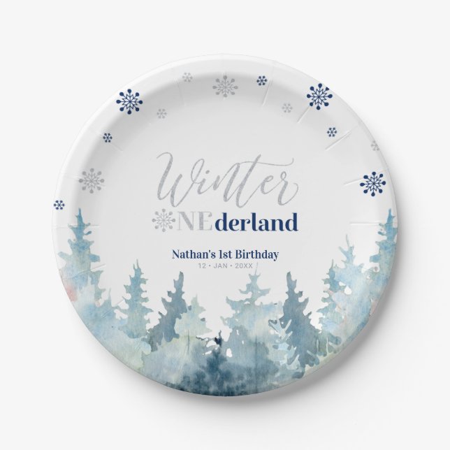 Silver & Blue Winter Onederland Snow 1st Birthday  Paper Plate (Front)