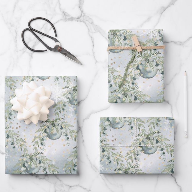 Silver Blue Winter Spruce Eucalyptus Holiday Posy Wrapping Paper Sheet (Front)