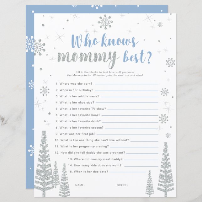 Silver & Blue Winter Wonderland Baby Shower Game (Front/Back)