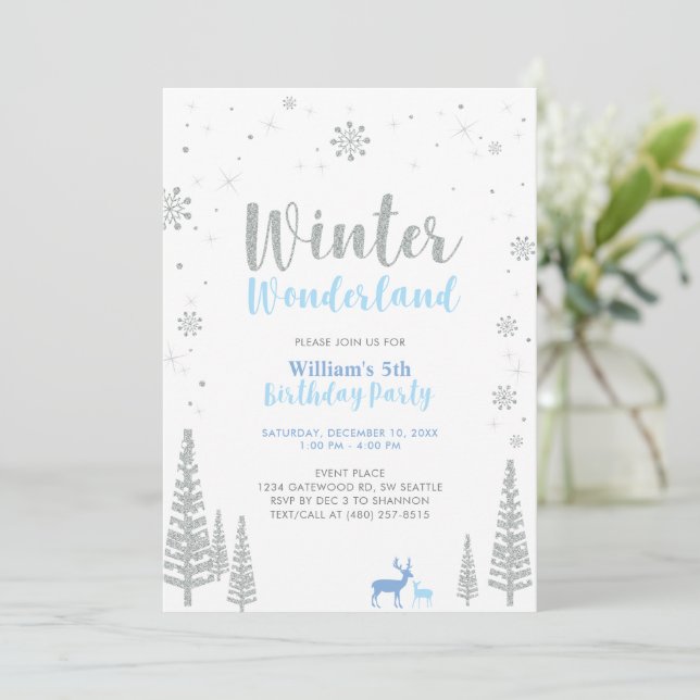 Silver & Blue Winter Wonderland Boy Birthday Invitation (Standing Front)