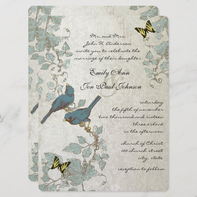 Silver Blue Yellow Butterflies & Birds Wedding Invitation (Front/Back)