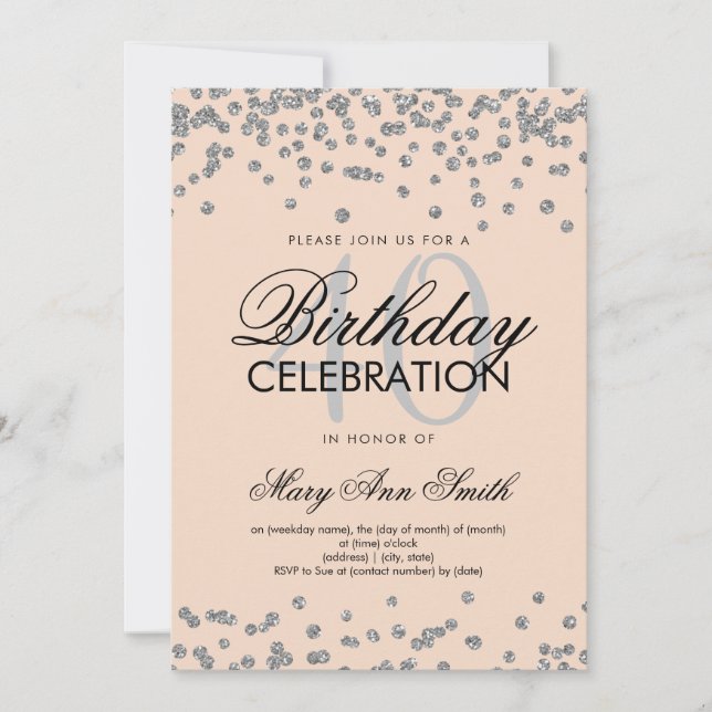 Silver Blush 40th Birthday Party Glitter Confetti Invitation (Front)
