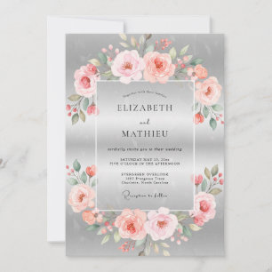 Silver Blush Coral Petal Wedding Invitation