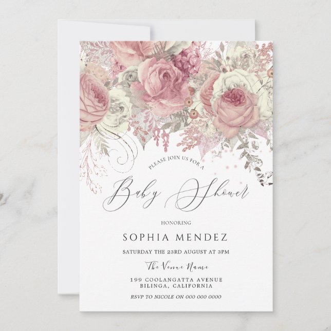 Silver & Blush Enchanted Floral Girls Baby Shower Invitation (Front)