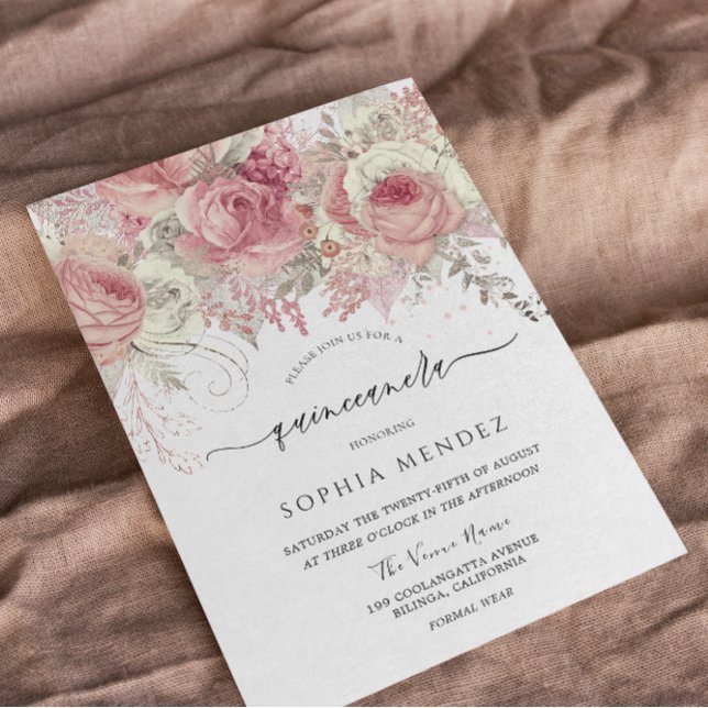 Silver & Blush Enchanted Floral Quinceanera Party  Invitation (Creator Uploaded)