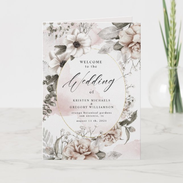 silver blush floral elegant wedding program card (Front)
