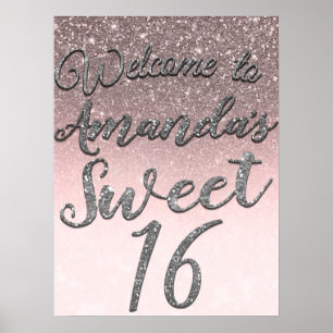 Silver & Blush Glitter Welcome Sweet 16 Party Sign