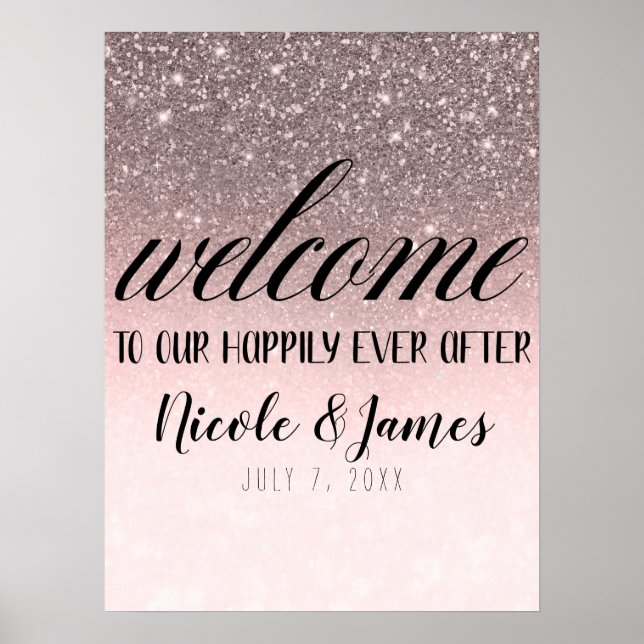 Silver & Blush Glitter Welcome to Our Wedding Sign (Front)