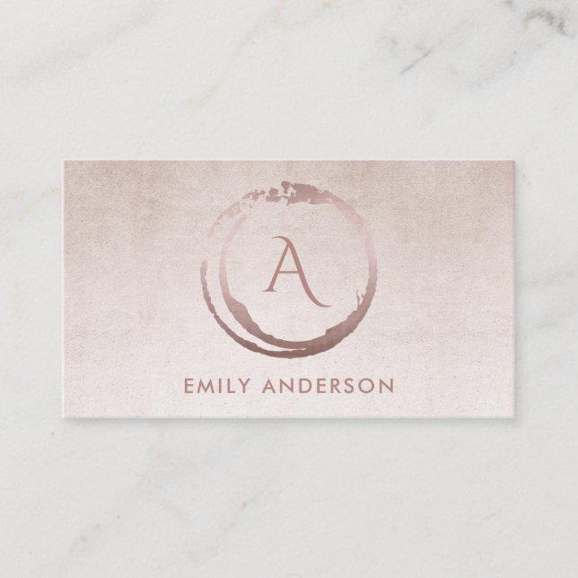 SILVER BLUSH PINK BRUSH MARK CIRCLE LOGO MONOGRAM BUSINESS CARD (Front)