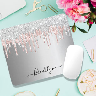 Silver blush pink glitter drip sparkle monogram mouse pad