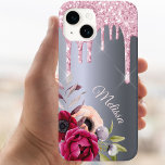 Silver blush pink glitter drips floral name Case-Mate iPhone 14 case<br><div class="desc">Pink faux glitter drip,  paint drip look on a faux silver metallic looking background. Burgundy and rose gold coloured Flowers. Template for Your name.  The name in rose gold is written with a modern and trendy hand lettered style script.</div>