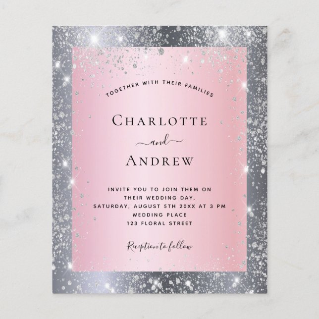 Silver blush pink glitter elegant wedding budget flyer (Front)