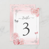 Silver Blush Pink Roses Elegant Table Number Card