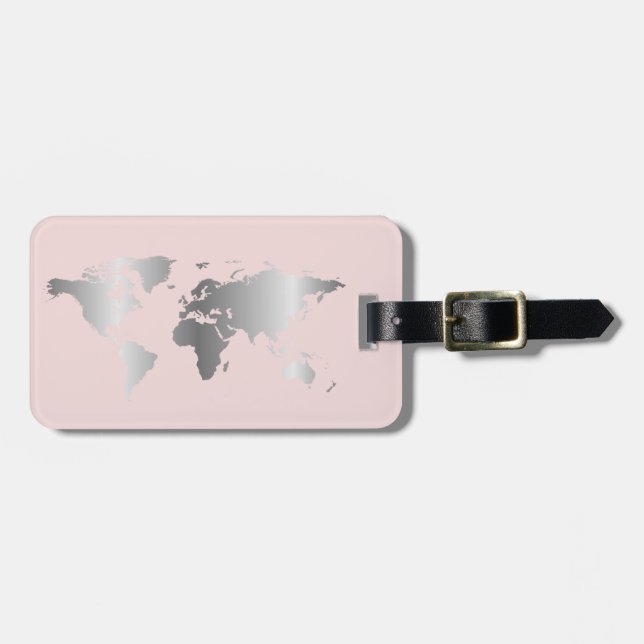 Silver blush World map elegant Luggage Tag (Front Horizontal)