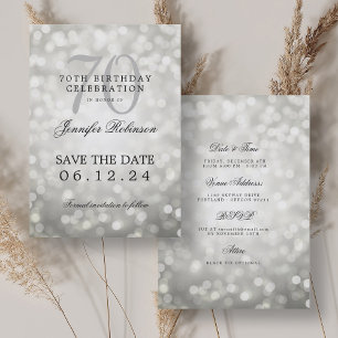 Silver Bokeh 70th Birthday Save Date Details Invitation