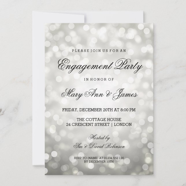 Silver Bokeh Lights Elegant Engagement Party Invitation (Front)