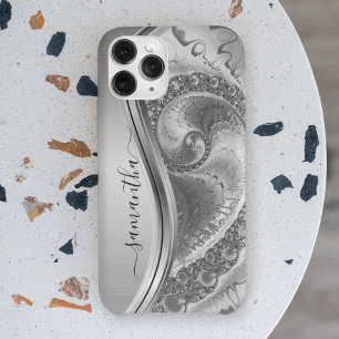Silver Bold Metallic Handwritten Monogram iPhone 12 Case