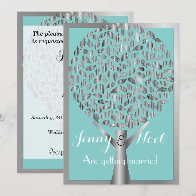 Silver Border and Tree Blue Wedding Invitation (Front/Back)