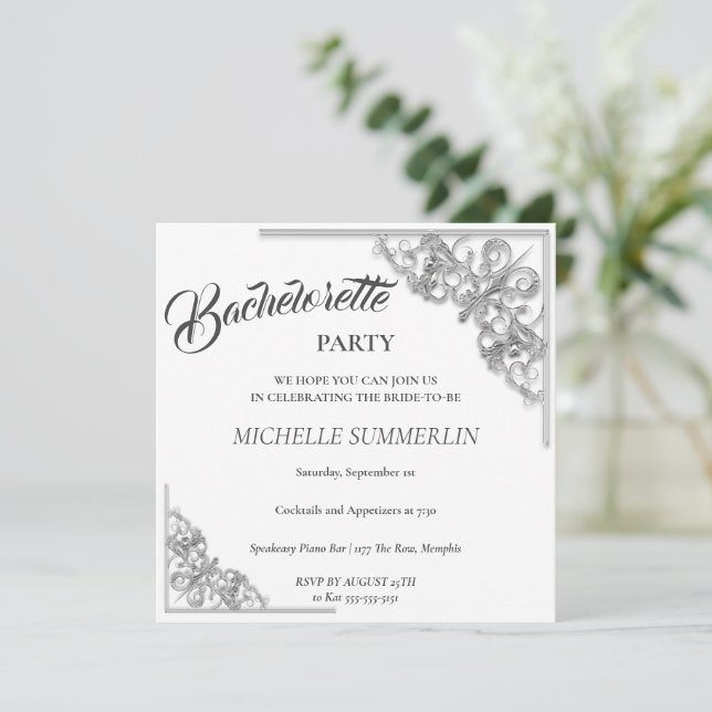 Silver Border Bachelorette Party Invitation (Standing Front)