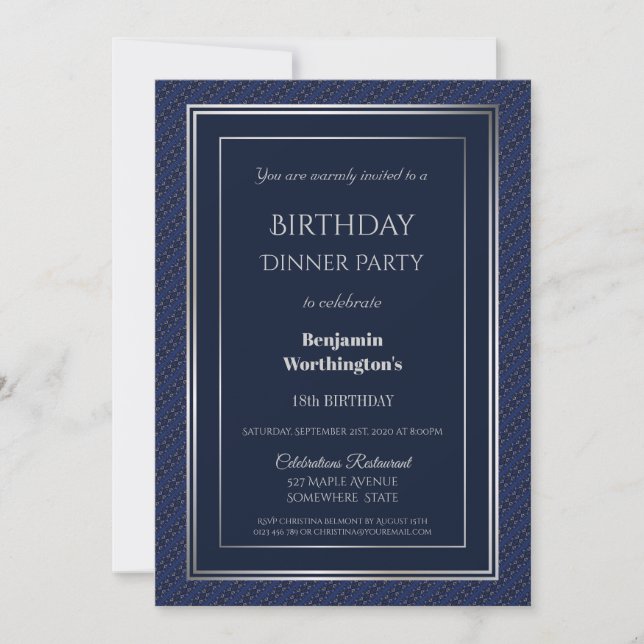 Silver Border Blue 18th Birthday Dinner Invitation (Front)
