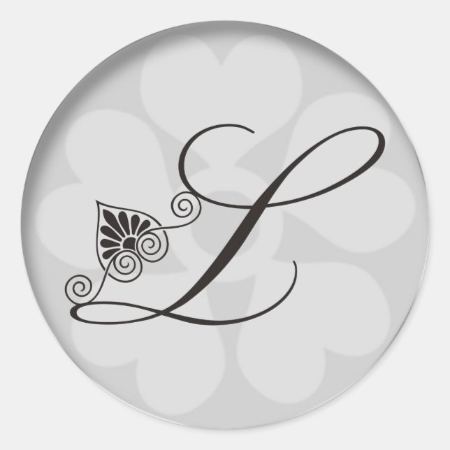 Silver Border Swirls Monogram L Classic Round Sticker (Front)