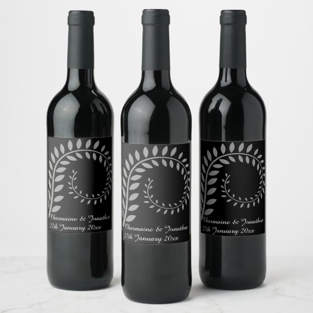 SILVER BOTANICAL BLACK CUSTOMIZABLE WINE LABEL (Bottles)