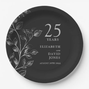 Silver Botanical Floral 25th Wedding Anniversary Paper Plate