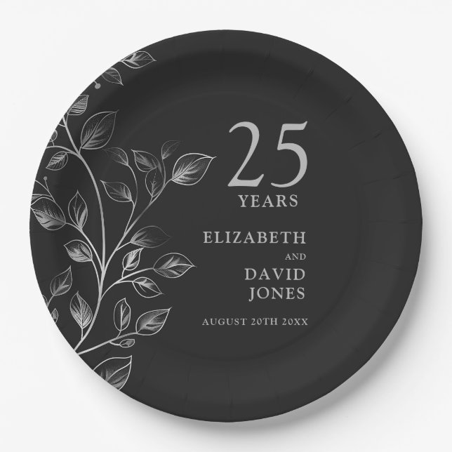 Silver Botanical Floral 25th Wedding Anniversary Paper Plate (Front)