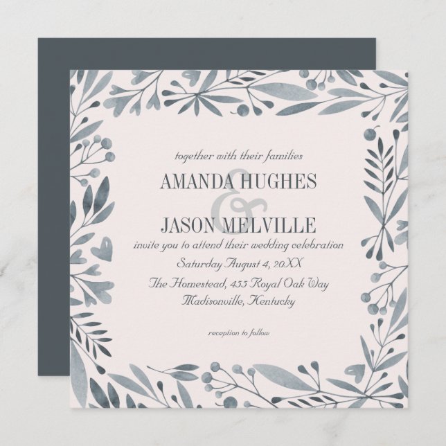 Silver Botanical | Floral wedding pink | Square | Invitation (Front/Back)